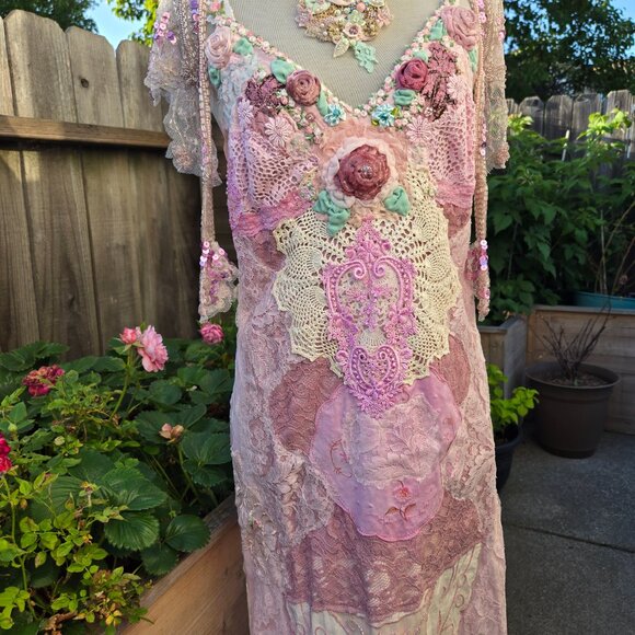 Timeless Beauty Heirloom Lace Maxi Dress - Repurposed Vintage Romantic Gown - Picture 9 of 10